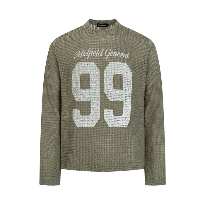 Midfield General 99 waffle knit long sleeve shirt in sage olive with bold varsity number graphic on chest