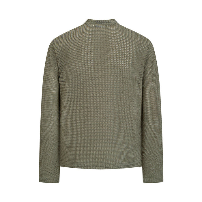 Olive green waffle-knit mock-neck shirt shown from the back with long sleeves and a plain design