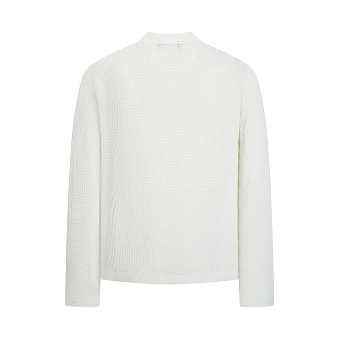 White waffle-knit mock-neck shirt shown from the back with long sleeves and a plain design