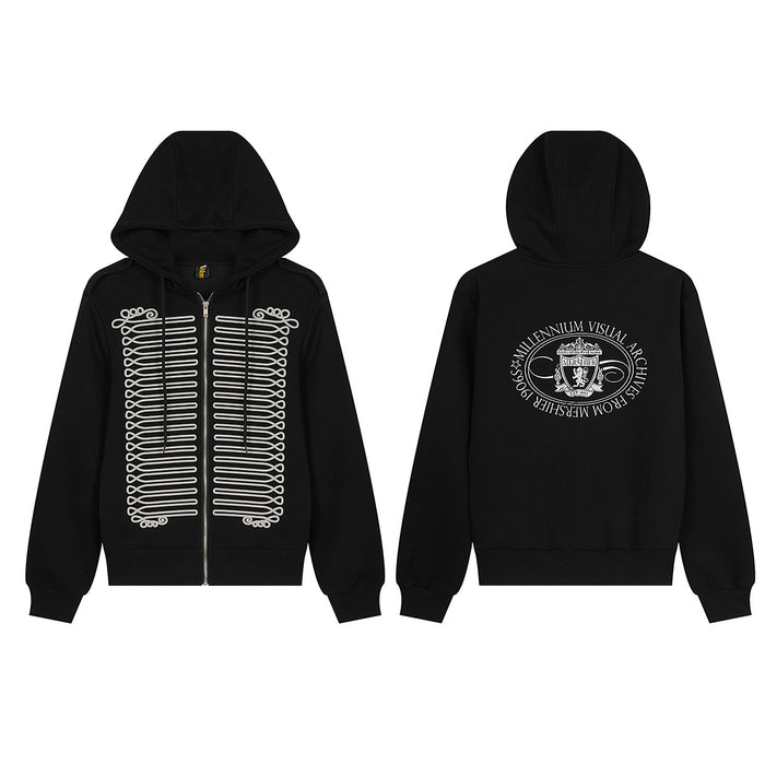 Black zip-up hoodie shown from front and back, with white baroque braid graphics and a large white crest design