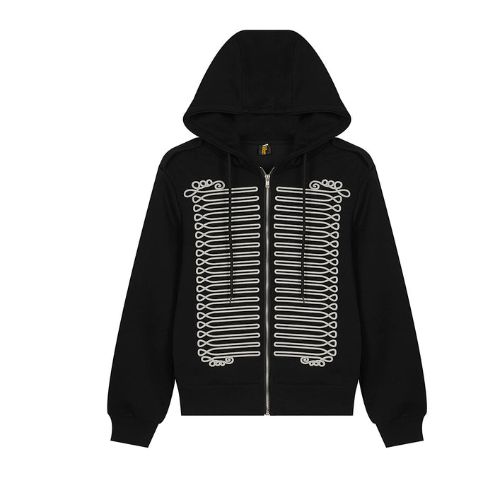 Black zip-up hoodie with white military cord braid on front chest and heraldic crest print on back