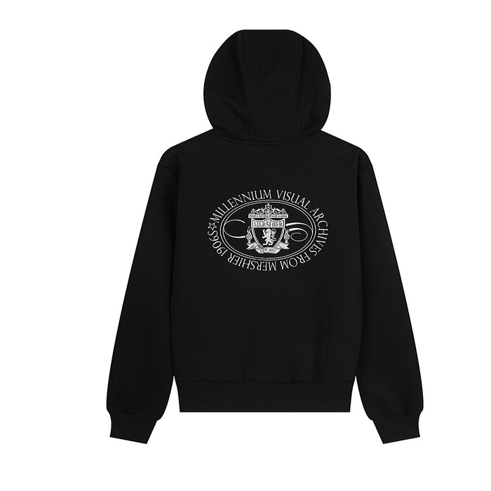 Back view of a black hooded zip-up jacket with a centered white circular crest graphic