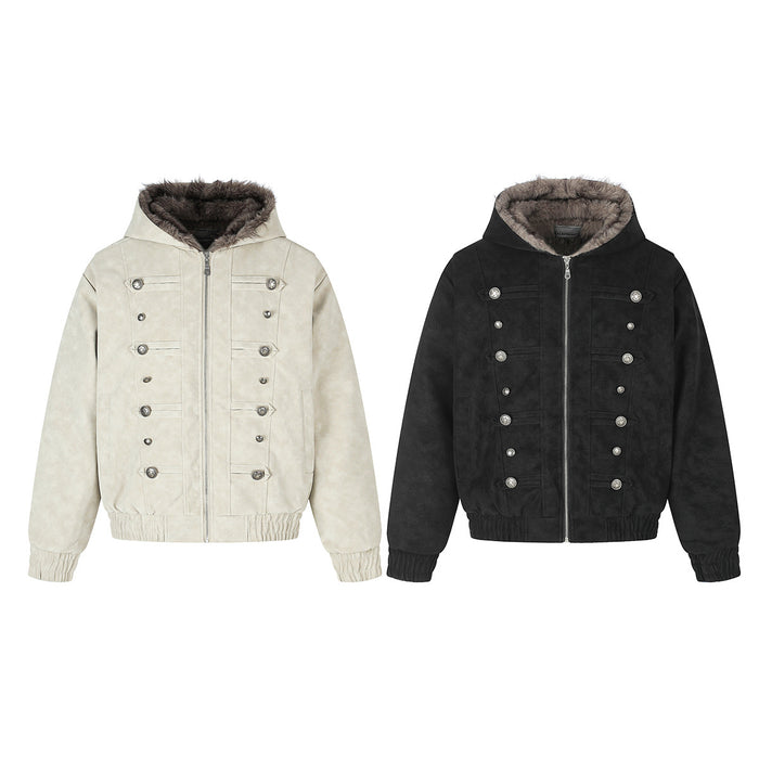 Front view of cream and black button bomber jackets with fur-trimmed hoods and ribbed cuffs