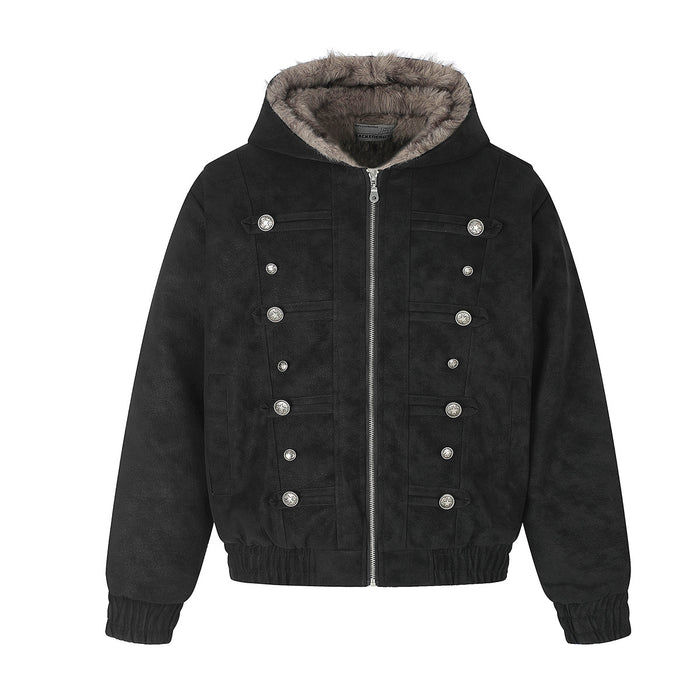Front view of a black button bomber jacket with fur-trimmed hood, zip closure, and ribbed cuffs