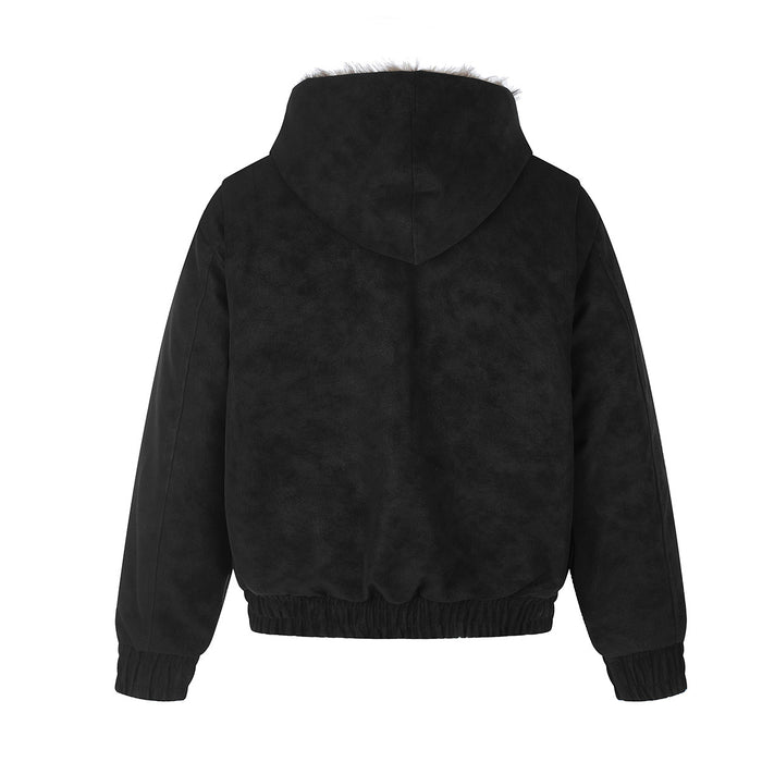 Back view of the black bomber jacket showing its hood, smooth back, and ribbed hem