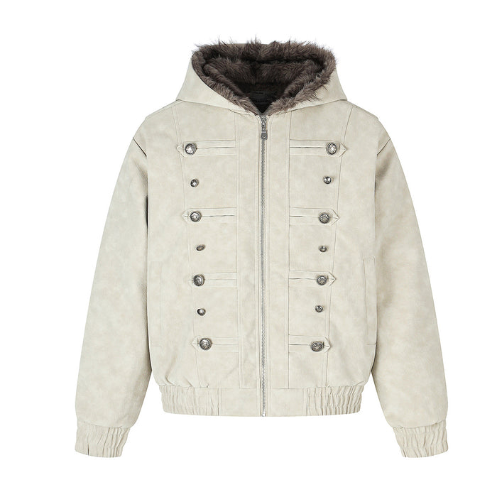 Front view of the cream bomber jacket with fur-trimmed hood, central zipper, and decorative buttons