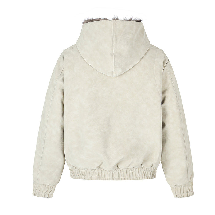 Back view of the cream bomber jacket showing the hood, plain back, and ribbed hem