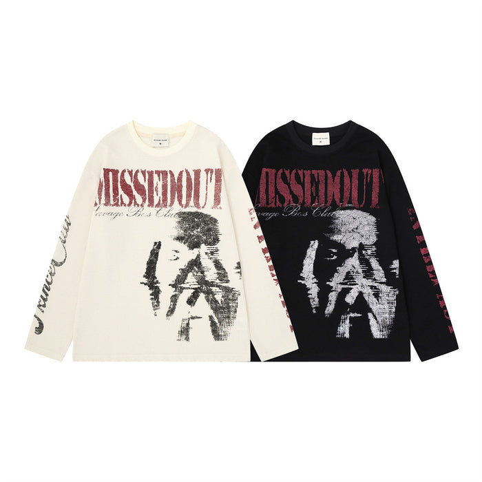 Cream and black oversized waffle-knit long-sleeve shirts with red lettering and monochrome portrait graphics