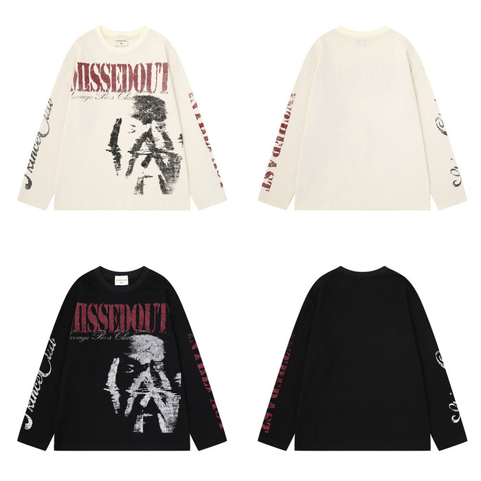 Missedout Savage Boss Club oversized graphic long sleeve waffle shirt in black and off-white with distressed portrait print