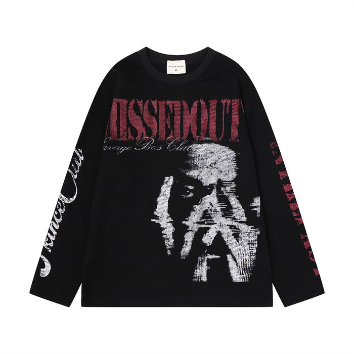 Black waffle-knit long-sleeve shirt front with distressed red lettering and monochrome portrait graphic