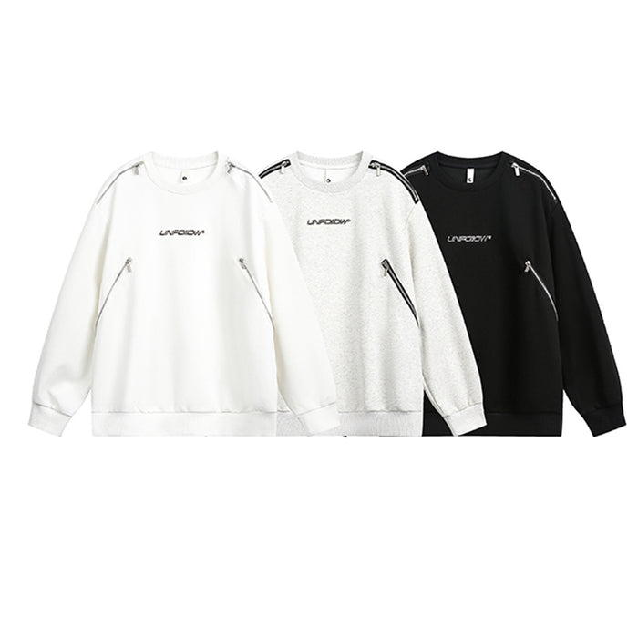 Three crew neck sweatshirts in white, light gray, and black with shoulder zippers, angled zip pockets, and chest graphics