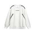 Moto-inspired crew neck sweatshirt with shoulder zipper tape and dual diagonal zip chest pockets in light gray