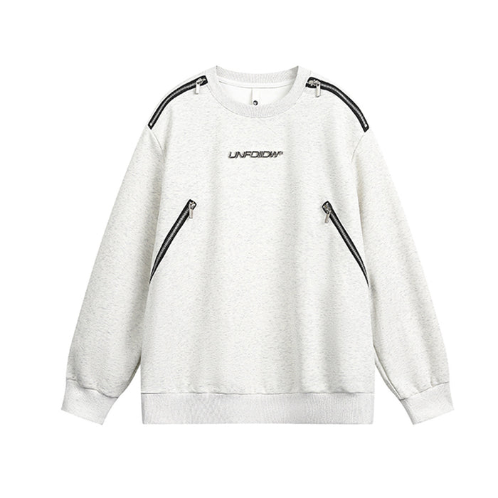Moto-inspired crew neck sweatshirt with shoulder zipper tape and dual diagonal zip chest pockets in light gray