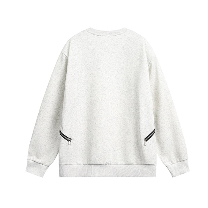 Back view of a light gray crew neck sweatshirt with silver angled zip pockets and ribbed cuffs and hem