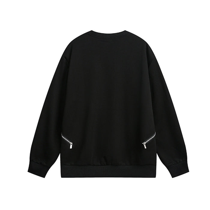 Back view of a black crew neck sweatshirt with silver angled zip pockets and ribbed cuffs and hem