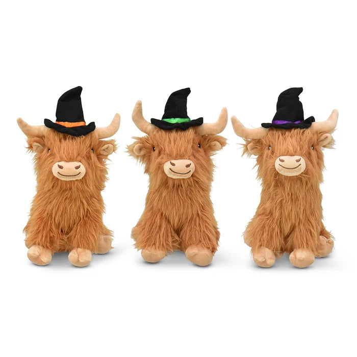 Multipet Highland Cow Shaggy w/ Witch Hat Dog Toy 8"