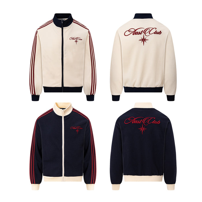 Four-view layout showing the cream and navy waffle-knit track jackets from front and back