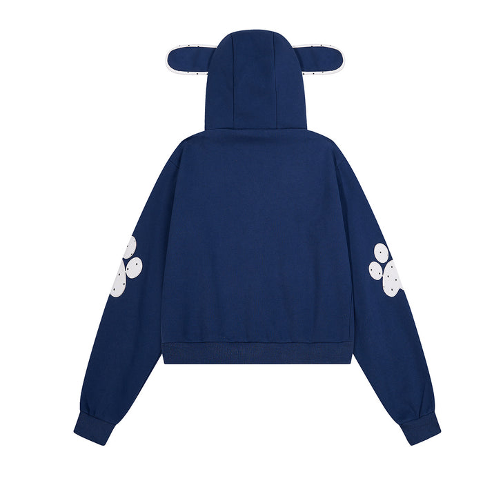 Back view of the navy cropped zip-up hoodie with ear-shaped hood, long sleeves and white paw prints