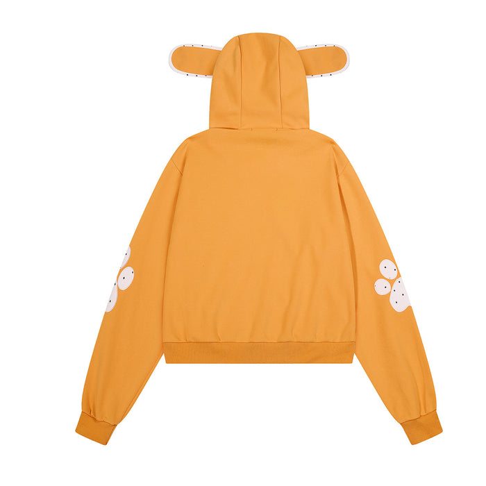 Back view of the orange cropped zip-up hoodie with ear-shaped hood, ribbed hem and white paw prints on the sleeves
