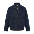 Oversized dark indigo denim jacket with spread collar, snap-button front, curved chest seams, and elastic ribbed hem, shown f