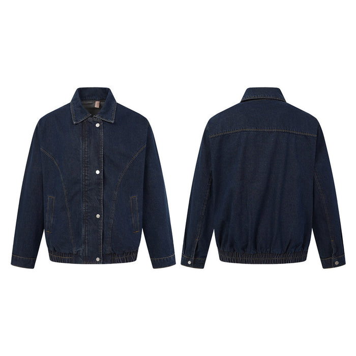 Dark wash denim jacket shown in front and back views with a pointed collar, snap buttons, and elastic hem