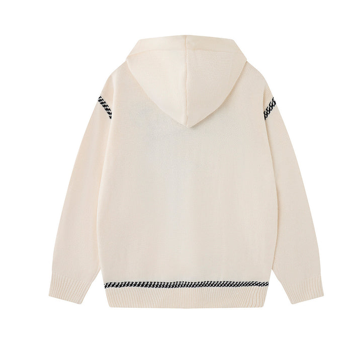 Back view of the cream knit hoodie showing a plain body, hood, and black patterned trim