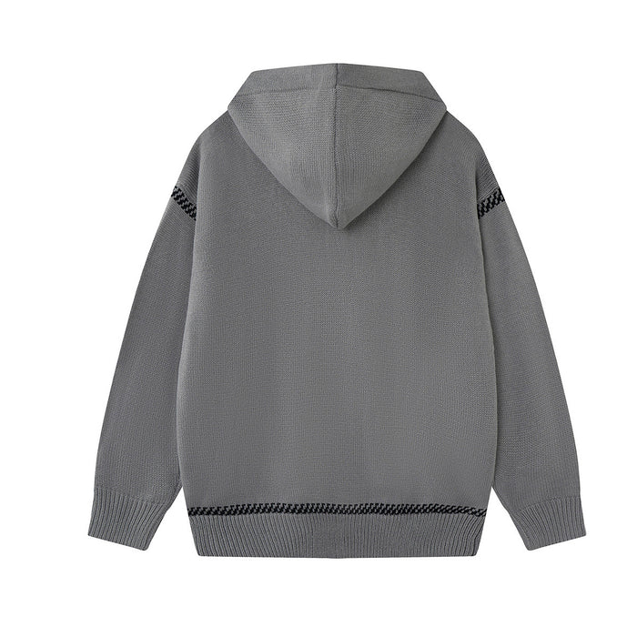 Back view of the gray knit hoodie showing a plain knit body, hood, and patterned trim
