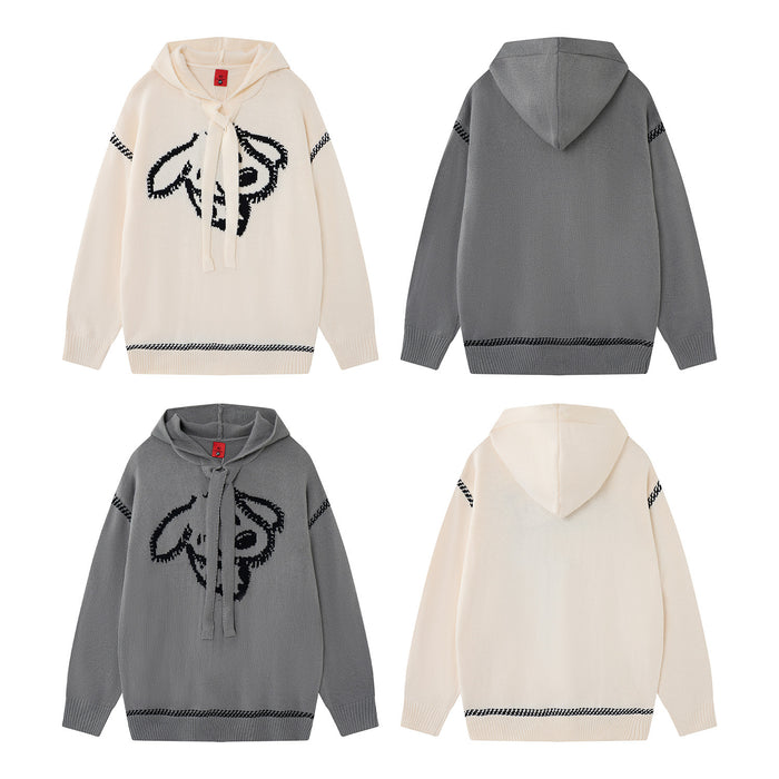 Four-panel view showing the cream and gray hoodies from front and back
