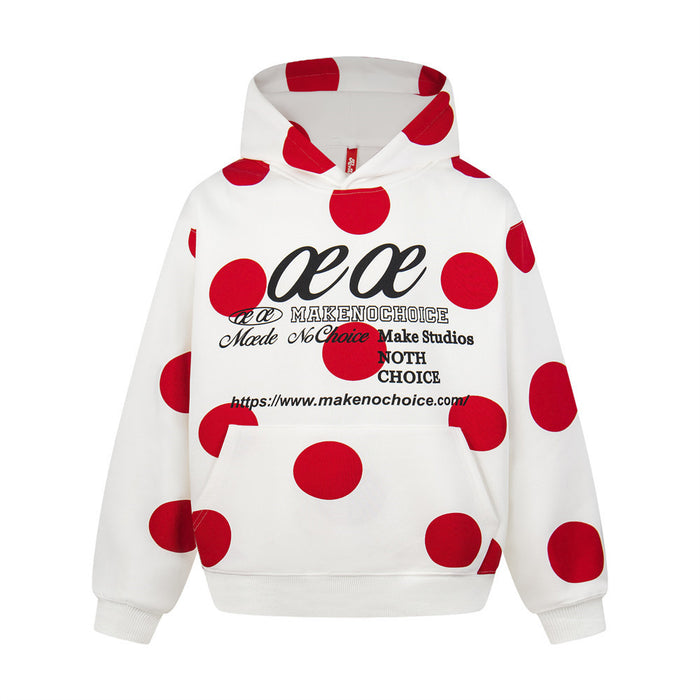 Front view of a white pullover hoodie with red polka dots and black stylized chest lettering