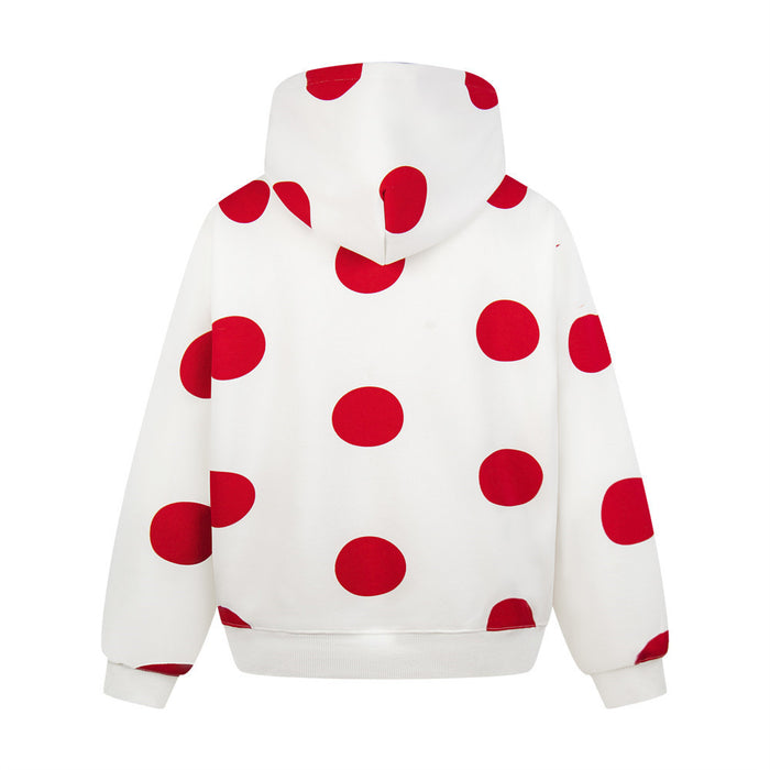 Back view of a white pullover hoodie featuring an all-over red polka dot pattern