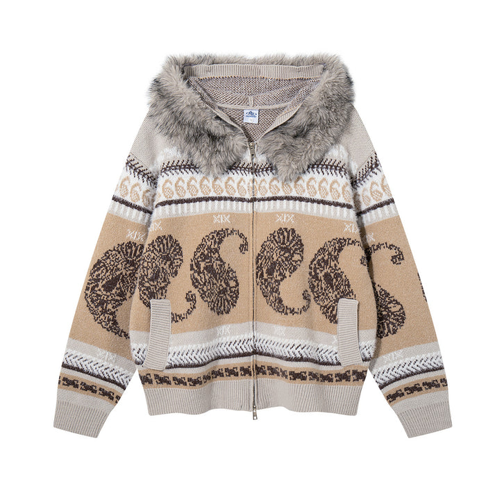 Paisley Fair Isle knit zip-up hoodie with faux fur-trimmed hood in beige colorway, front view