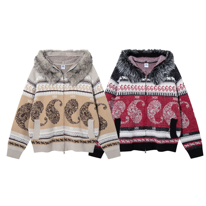 Front view of beige and red paisley Fair Isle knit zip-up hoodies with contrasting faux fur trims