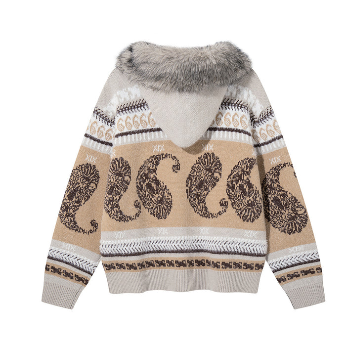 Back view of the beige paisley Fair Isle knit zip-up hoodie with a gray faux fur hood trim