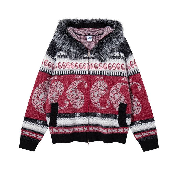 Front view of the red paisley Fair Isle knit zip-up hoodie with black and gray faux fur trim