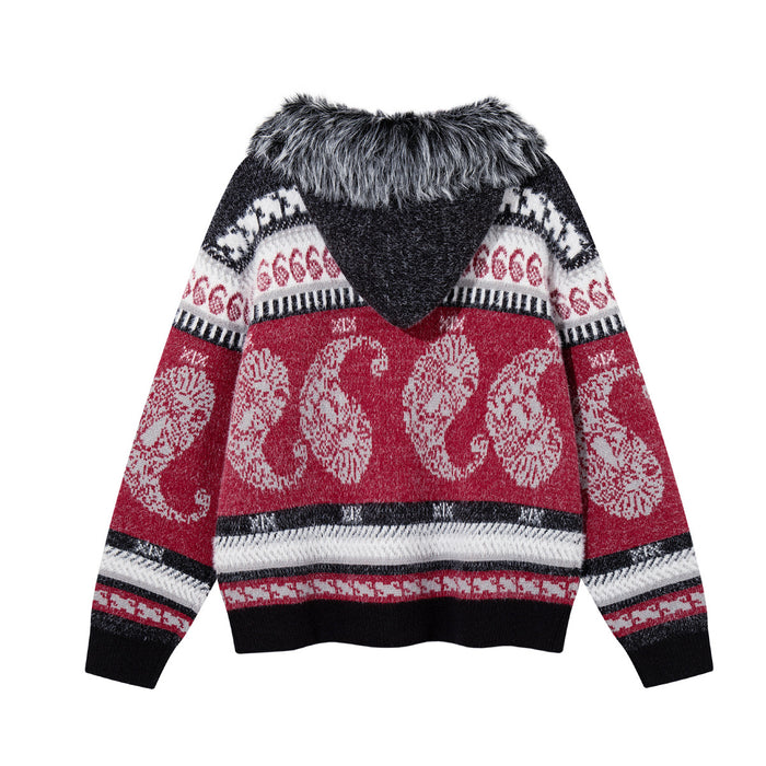 Back view of the red paisley Fair Isle knit hoodie with a black hood and gray faux fur trim