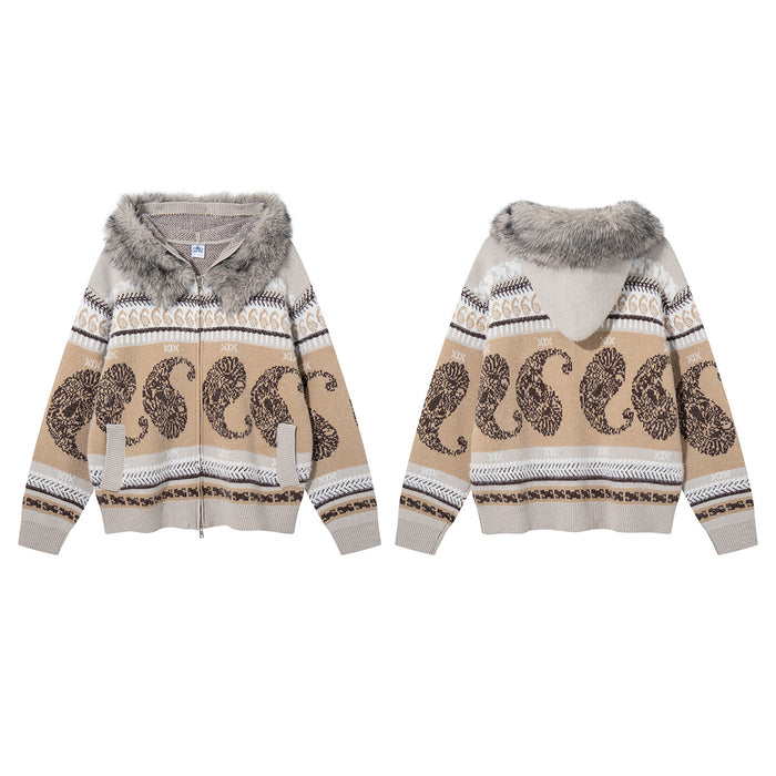 Beige paisley Fair Isle knit hoodie shown from the front and back with a gray faux fur trim