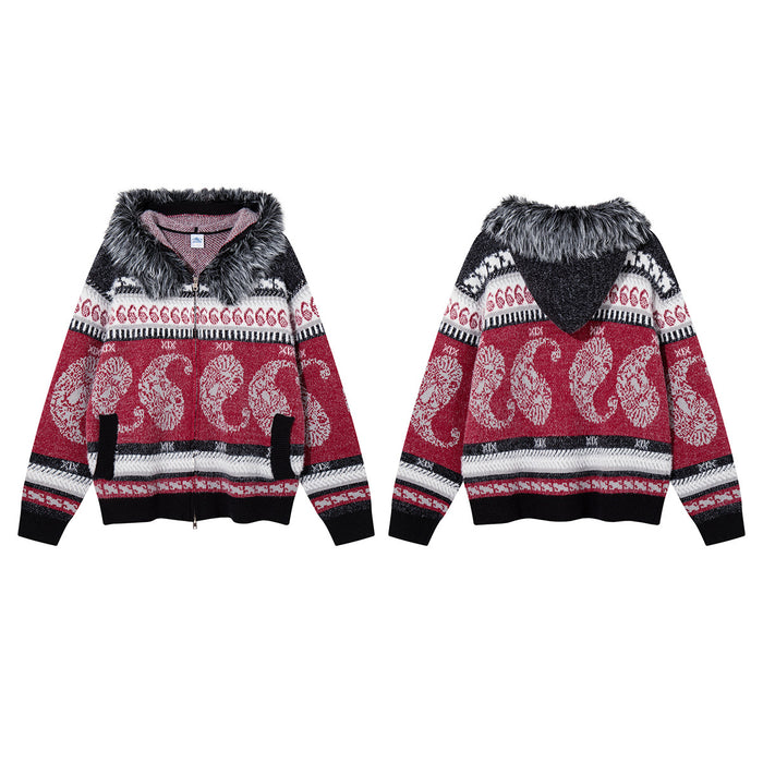 Red paisley Fair Isle knit hoodie shown from the front and back with a black faux fur trim