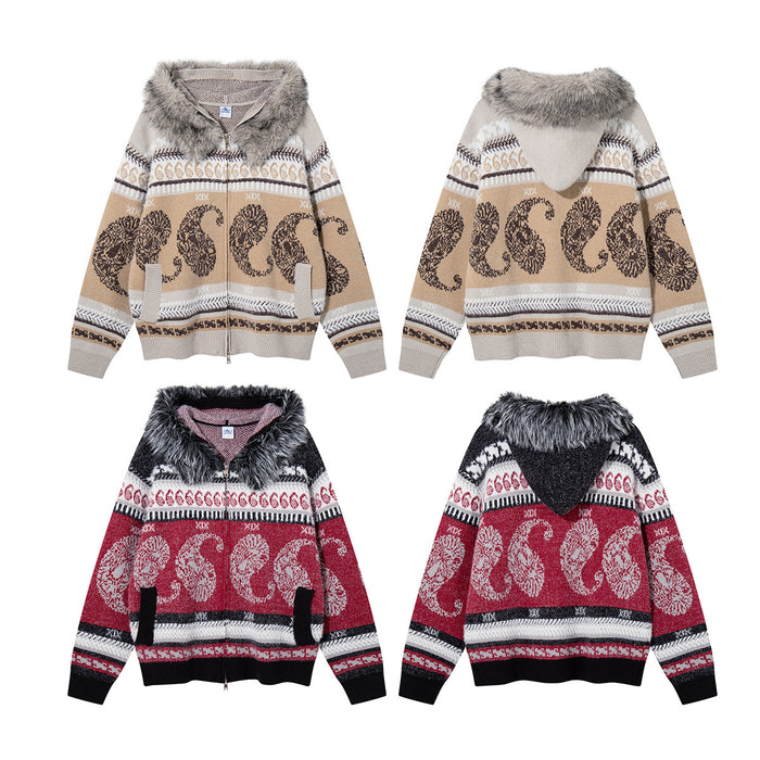 Beige and red paisley Fair Isle knit hoodies displayed in front and back views