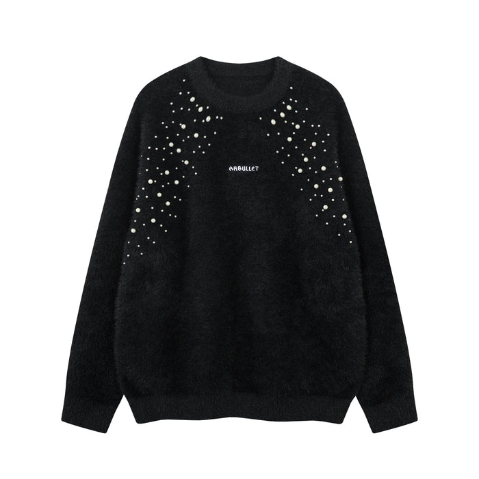 Black fuzzy knit crewneck sweater with pearl bead embellishments across the upper front