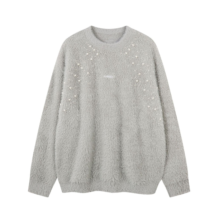 Oversized fuzzy knit crewneck sweater with pearl bead embellishments in grey, shown front view