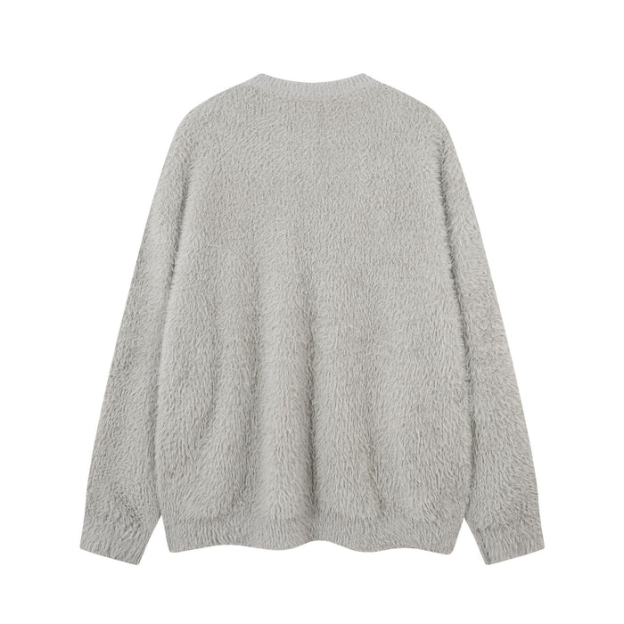 Light gray fuzzy knit crewneck sweater shown from the plain back