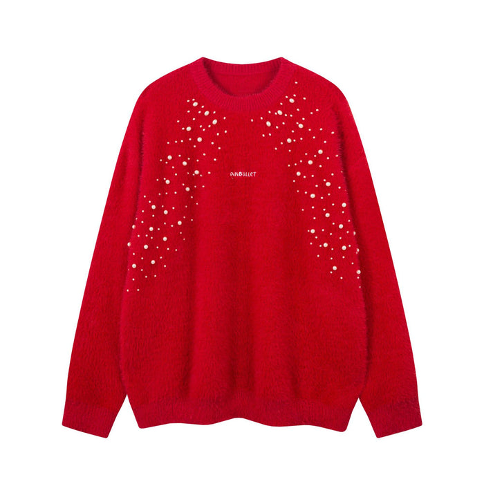 Red fuzzy knit crewneck sweater with scattered pearl bead embellishments on the front