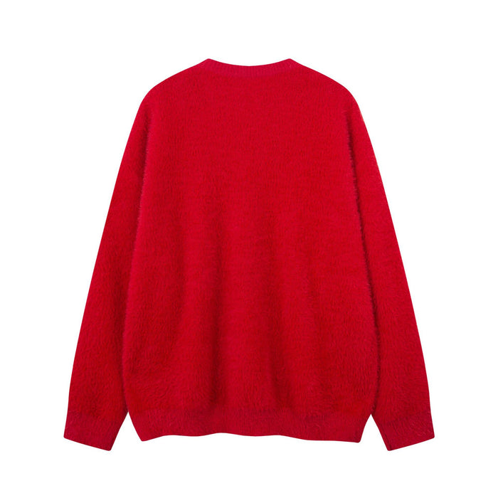 Red fuzzy knit crewneck sweater shown from the plain back