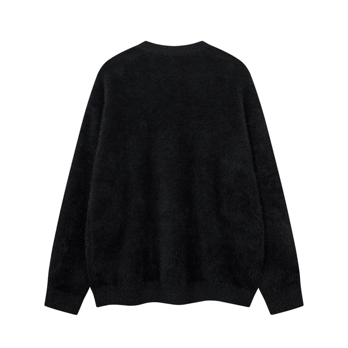 Black fuzzy knit crewneck sweater shown from the plain back