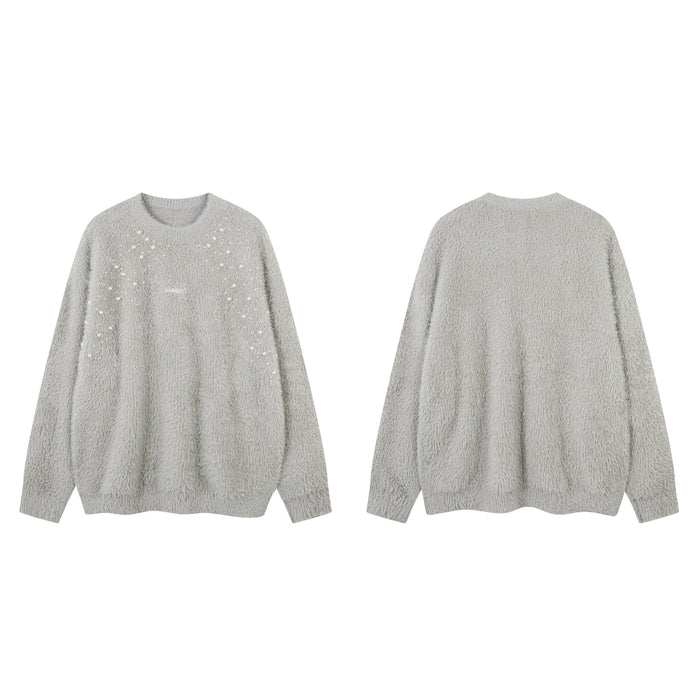 Light gray fuzzy knit sweater shown side by side from front and back views