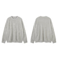 Light gray fuzzy knit sweater shown side by side from front and back views