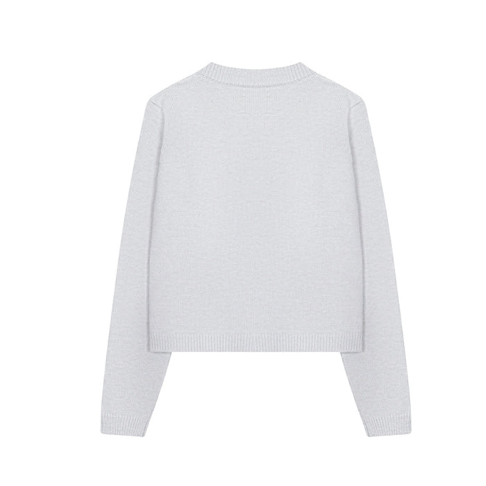 Back view of the light gray knit cardigan showing a plain knitted back and ribbed neckline and hem