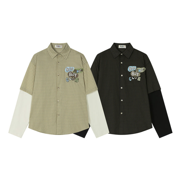 Two plaid faux two-piece shirts in olive and black, with contrasting long sleeves and embroidered chest lettering