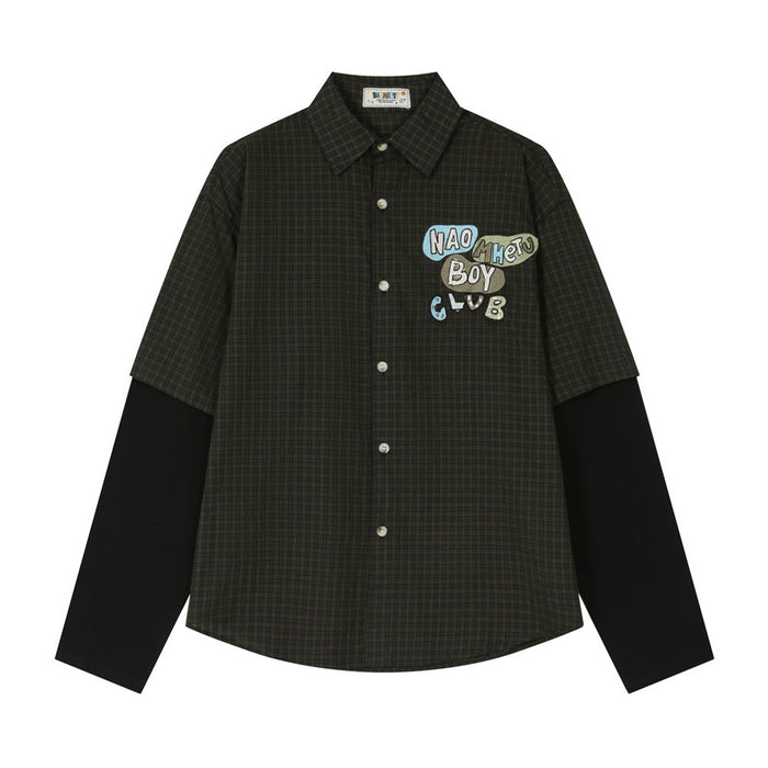Oversized plaid faux two-piece long sleeve shirt with contrast knit sleeves and letter embroidery patch on left chest