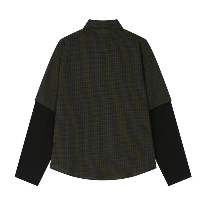Back view of the black plaid faux two-piece shirt with contrasting long sleeves and curved hem